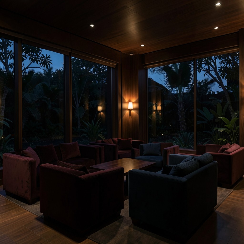 Quiet resort lounge with warm evening light and deep wood tones