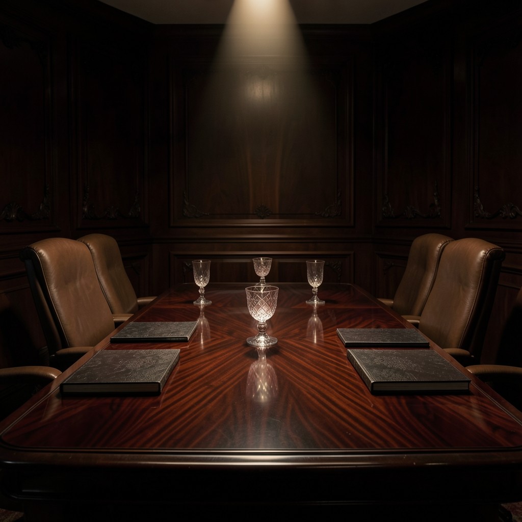 Executive meeting table with notebooks in a dim hotel boardroom