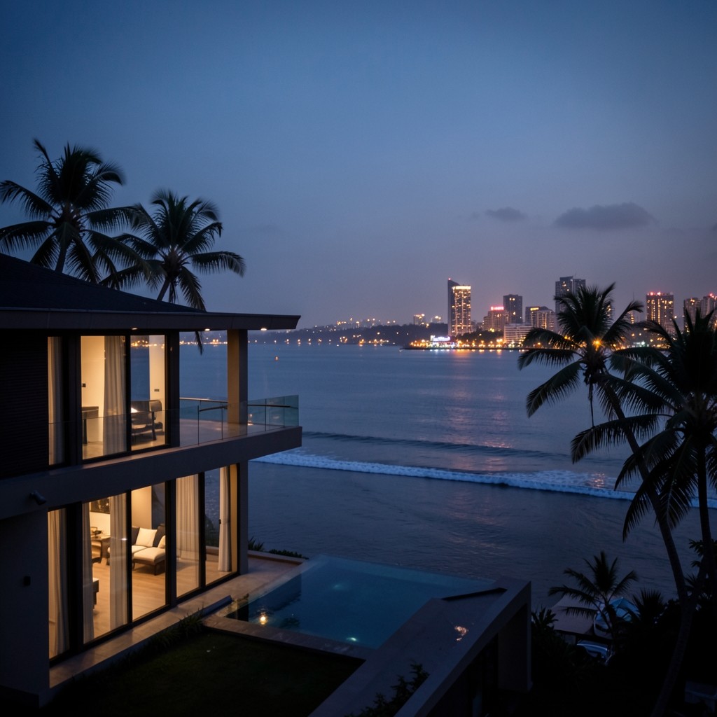 Split sense of beach resort and city hotel architecture at dusk