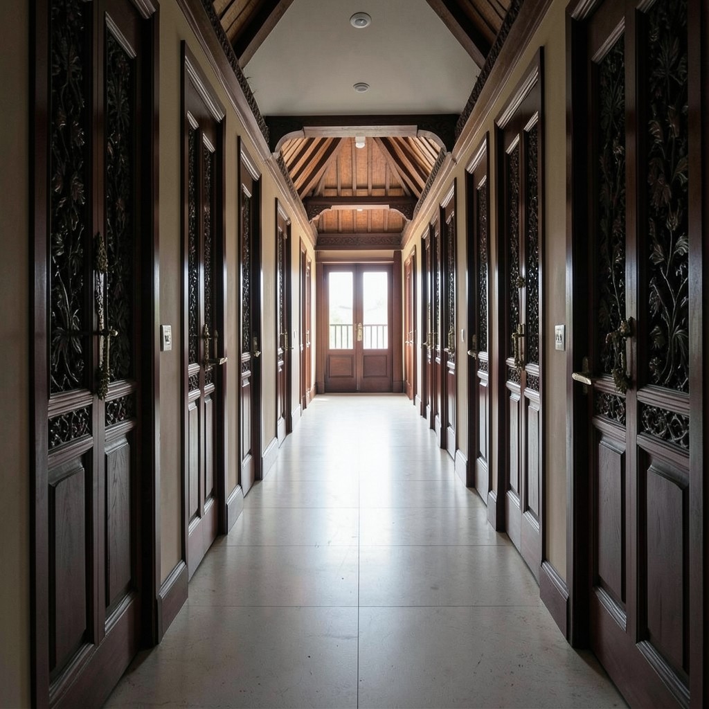 Hotel room corridor with numbered doors in soft morning light