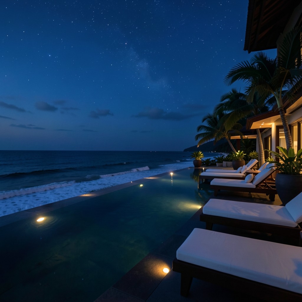 Evening view across a coastal resort terrace toward the sea in Thailand