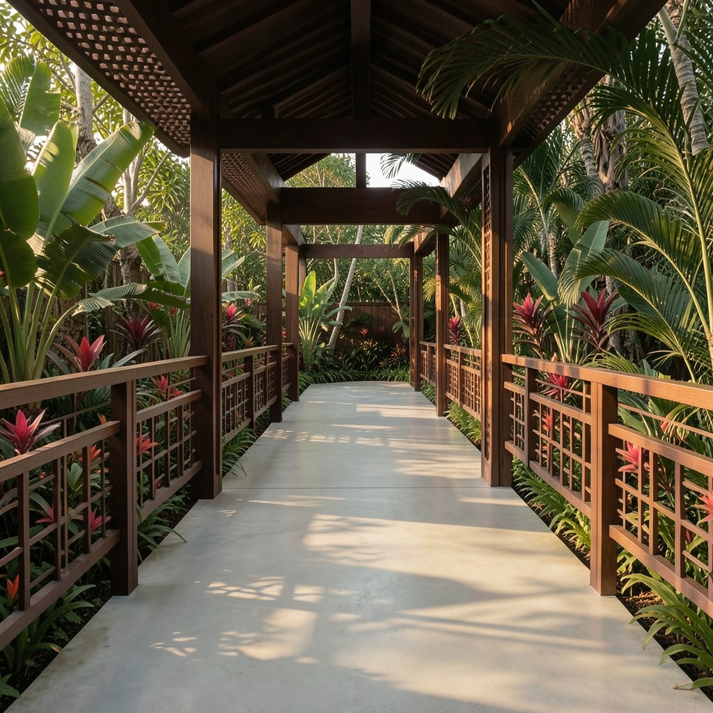 Open-air resort walkway with soft afternoon light and tropical planting