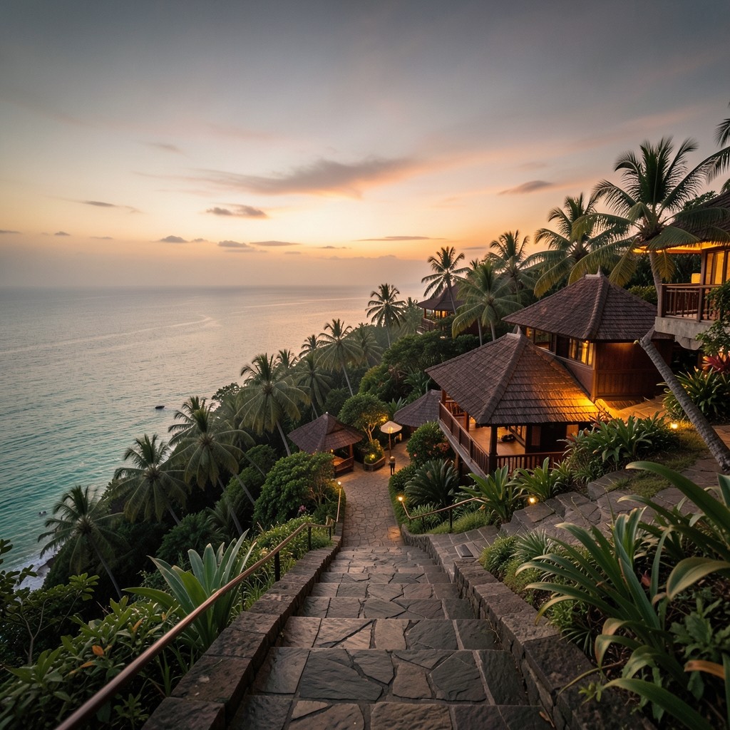 Wide view of a resort property from a hillside path at golden hour