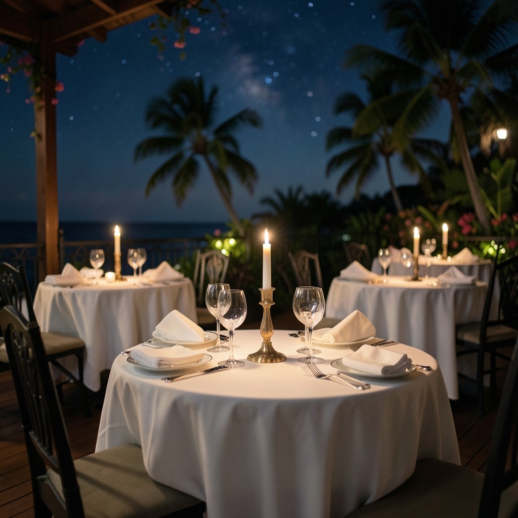 Resort restaurant terrace set for evening service