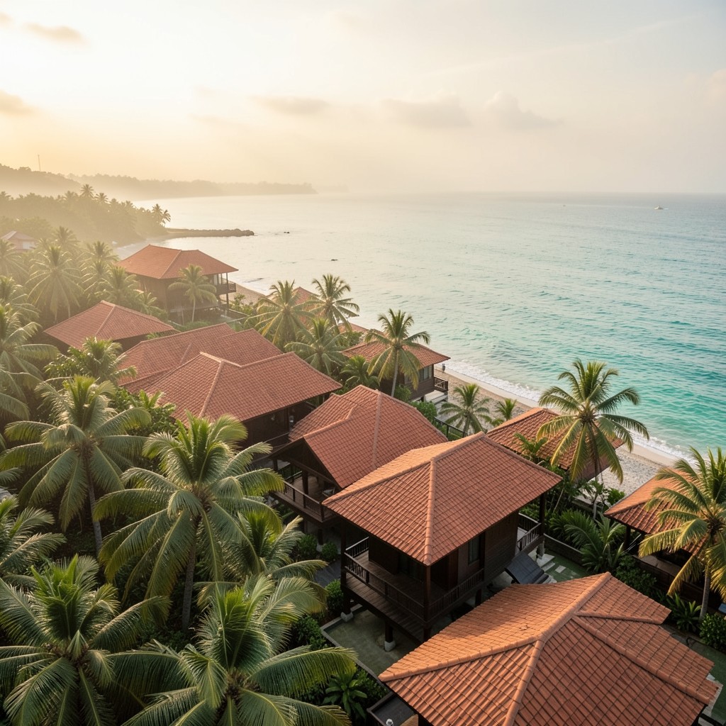 Aerial view of several resort roofs along a tropical coastline