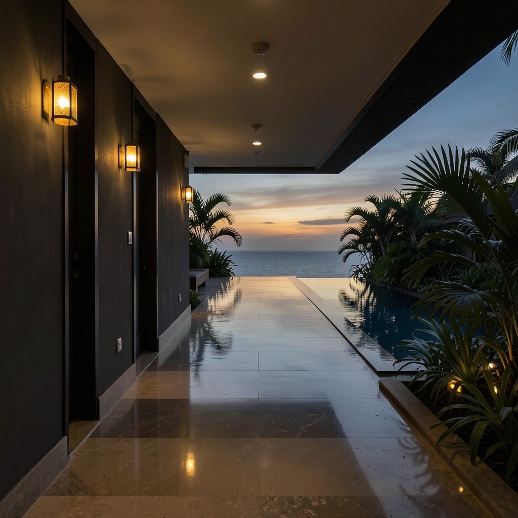 Resort corridor opening onto a quiet pool deck at dusk